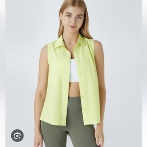NWT HALARA Lime Green Sleeveless Curved Hem Button Down Shirt
